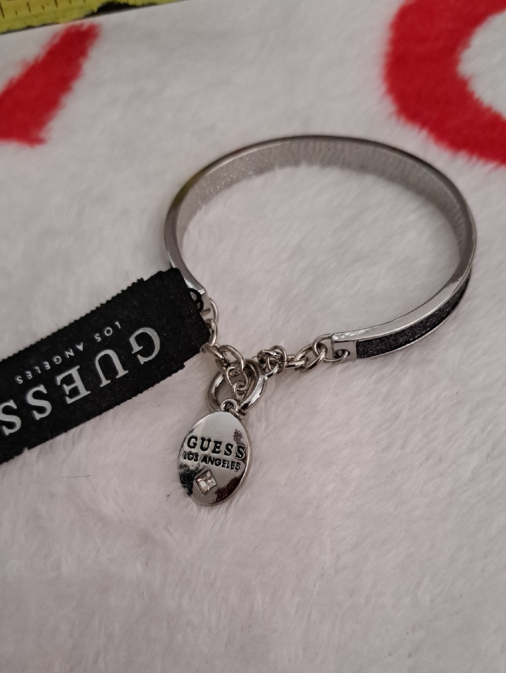 GUESS Silver Logo Charm Key Ring with Black Fabric Tag